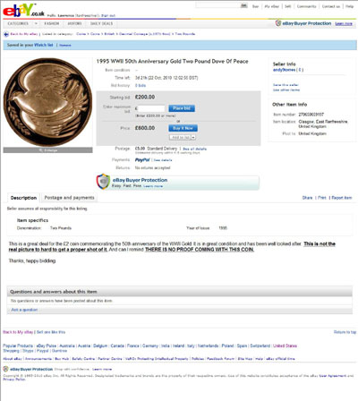 andy9torres eBay Listing Using our 1995 Gold Proof Dove of Peace Two Pound Reverse Photograph